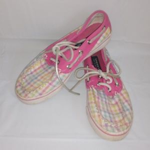 Sperry Bahama Pink Blue Plaid Sequined Boat Shoes